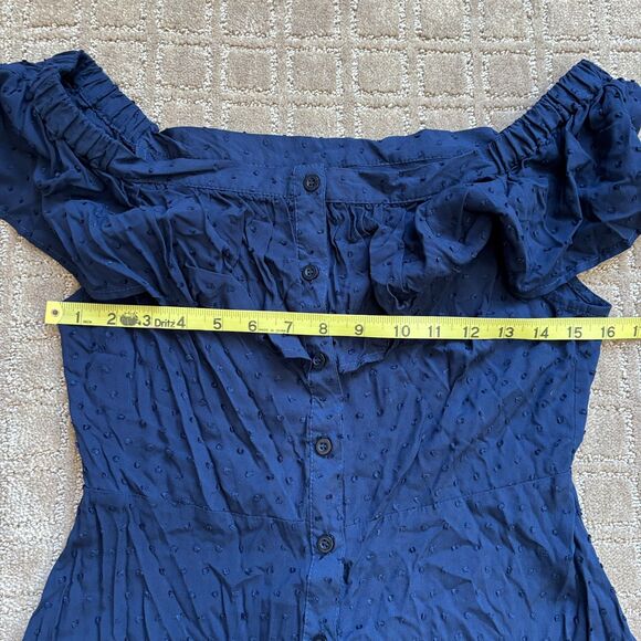 Urban Outfitters Off The Shoulder Swiss Dot Mini Dress Medium Navy Blue NWT - Picture 5 of 6